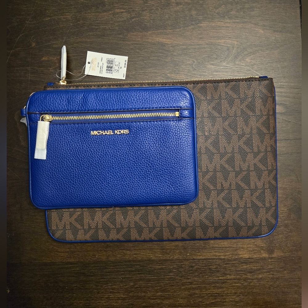 Michael Kors Brown Logo and Royal Blue Leather Wristlet Clutch